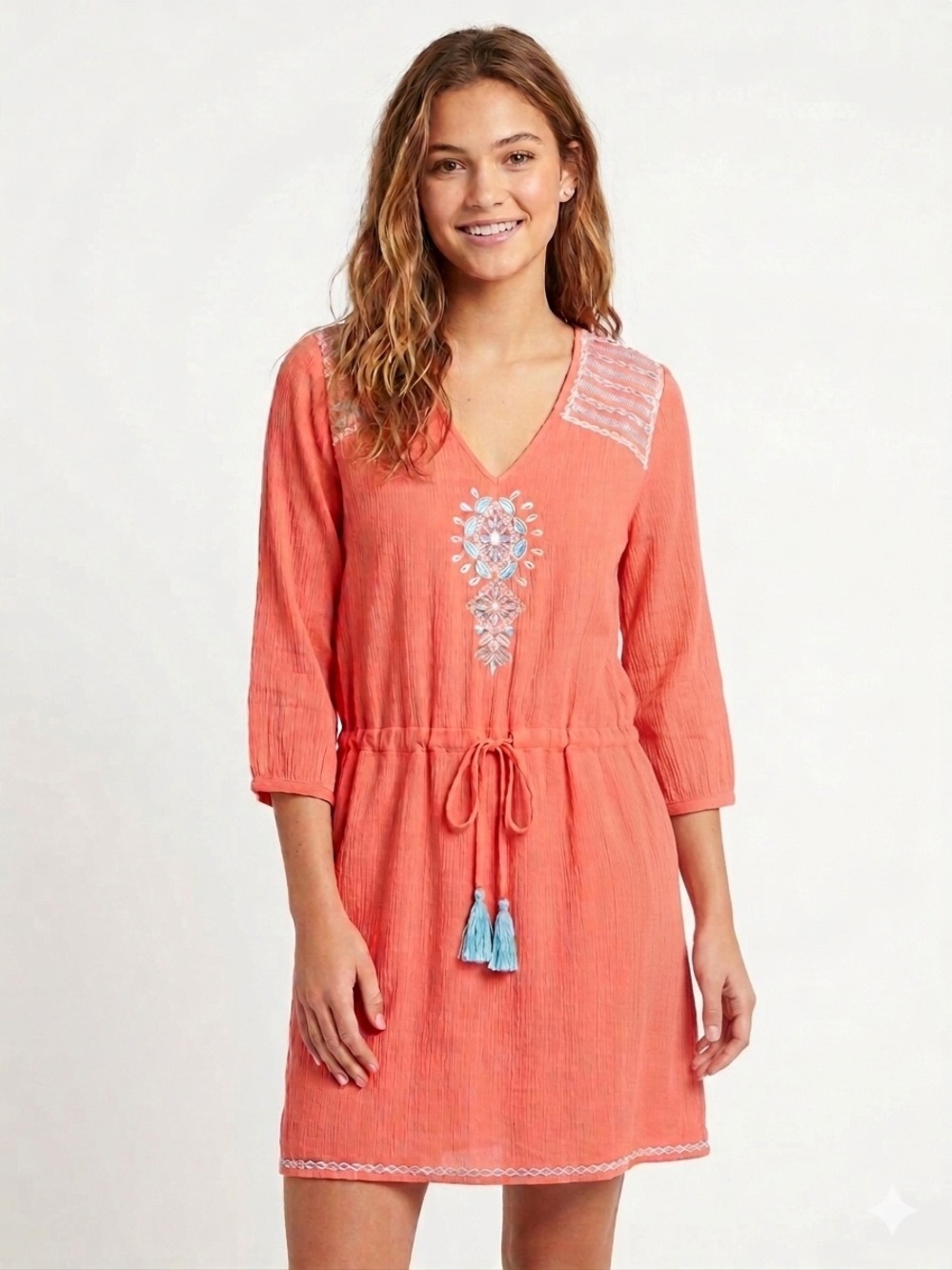 THML Coral Embroidered Boho Tunic Dress Tassel Waist Size Medium M